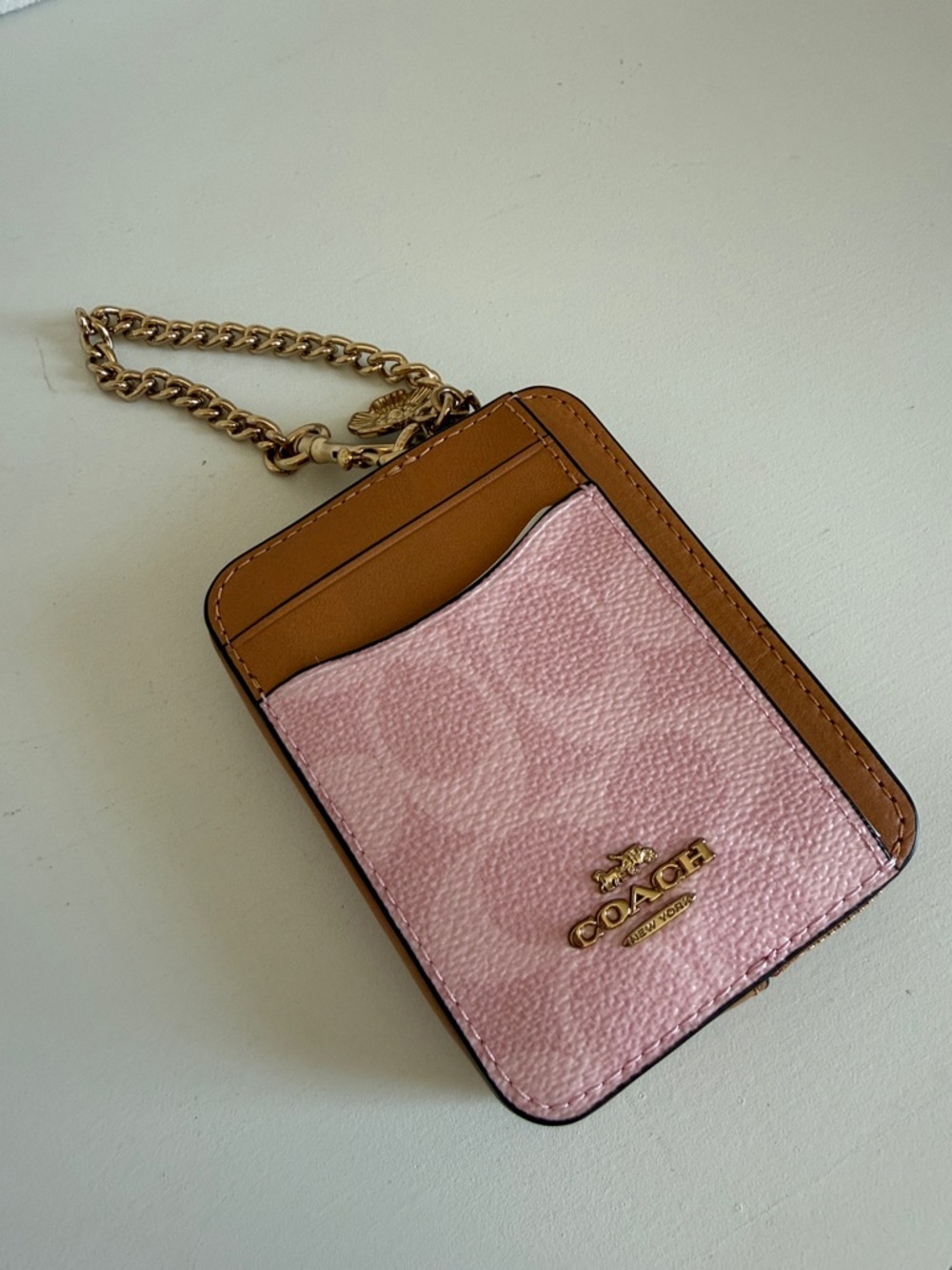 Coach Pink and Brown Cardholder with Gold Chain powder pink drop